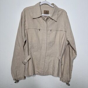 Vintage Linen Blend Womens Zip Up Jacket Buckle Detail Size L Coastal Beachy